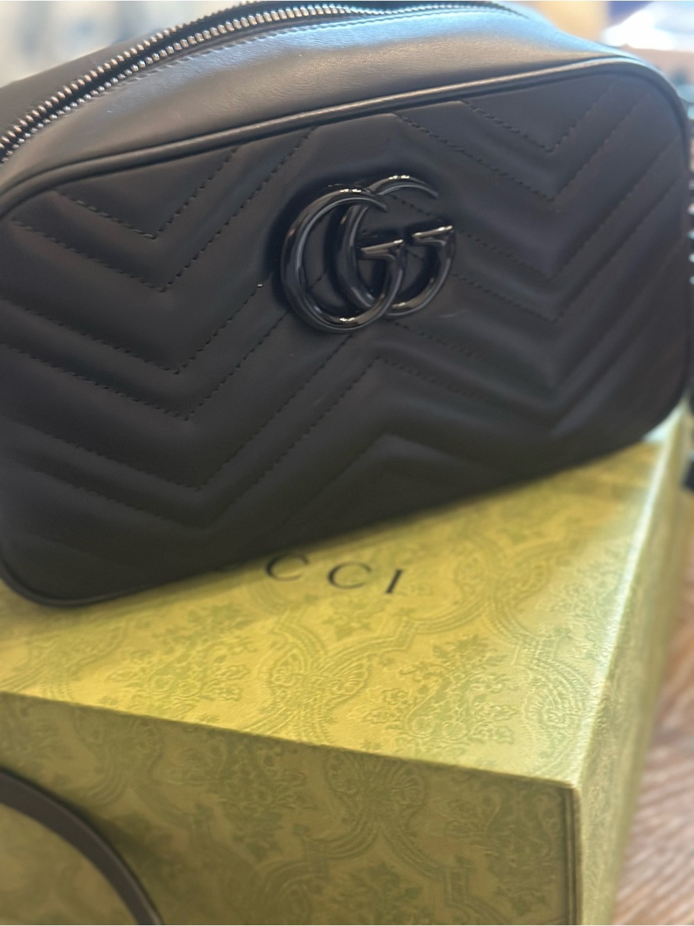 Gucci Black Chevron Matelassé GG Marmont Crossbody Bag